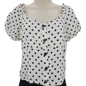 Monteau Los Angeles Womans size XL Polka Dot Puff Sleeve Linen Blend Blouse NWOT